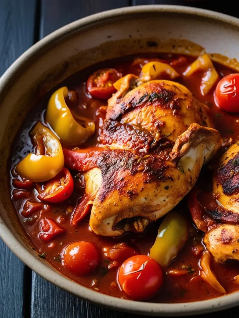 A close-up view of a skillet filled with Chicken Paprikash. The dish features tender chicken breasts simmered in a rich paprika-based sauce with bell peppers, onions, and cherry tomatoes.