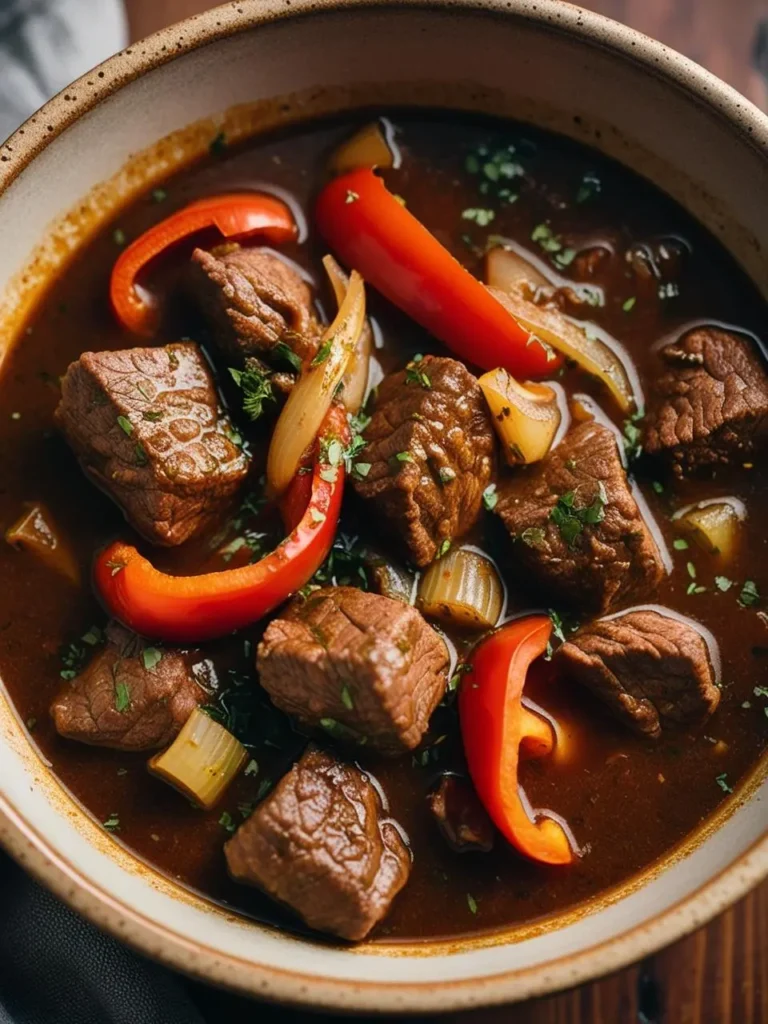 A bowl of hearty beef goulash, a rich Hungarian stew. It features tender chunks of beef, onions, bell peppers, and a thick, flavorful gravy. The dish looks warm, inviting, and perfect for a cold day.