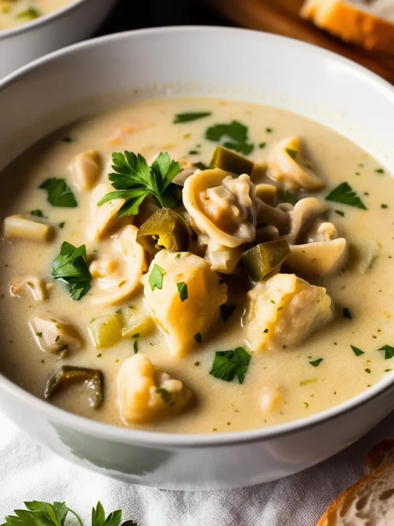 A bowl of creamy clam chowder topped with crispy bacon bits and fresh parsley. The chowder looks rich and flavorful, with visible clams and potatoes. It’s a perfect comfort food for a cold day.