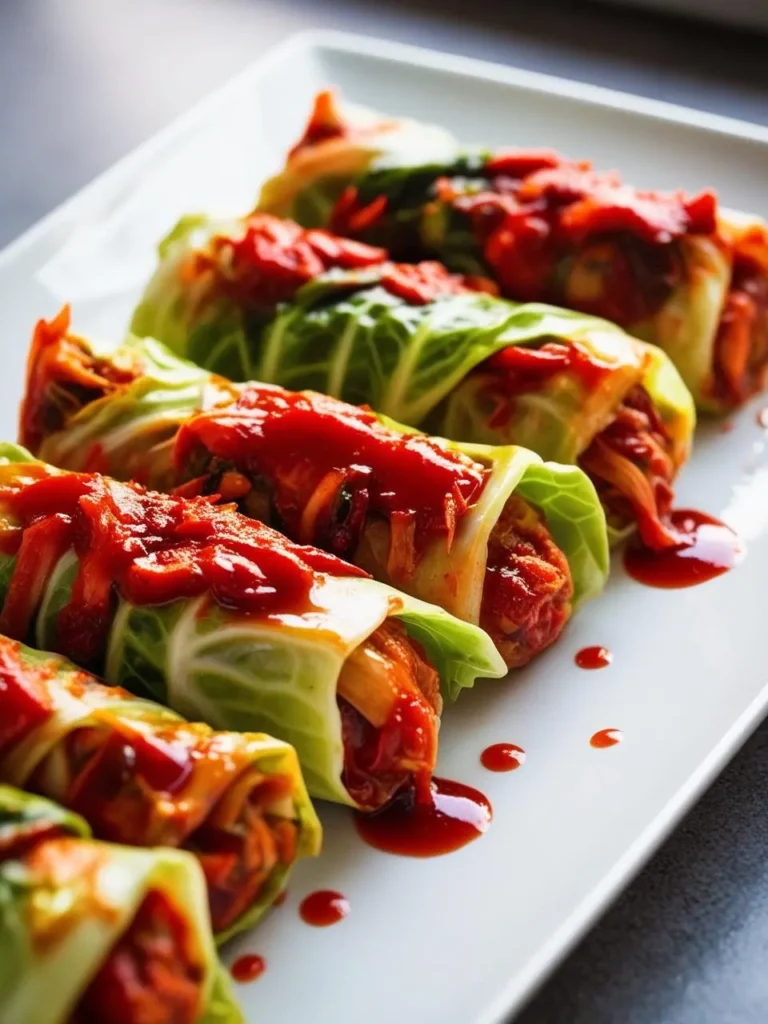 A close-up of a white platter filled with vibrant Korean-inspired cabbage rolls. The rolls are filled with a spicy kimchi filling and drizzled with a tangy sauce.