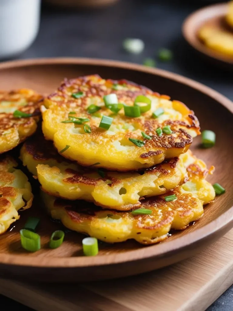 A stack of golden brown potato pancakes on a wooden plate. The pancakes are topped with chopped green onions.