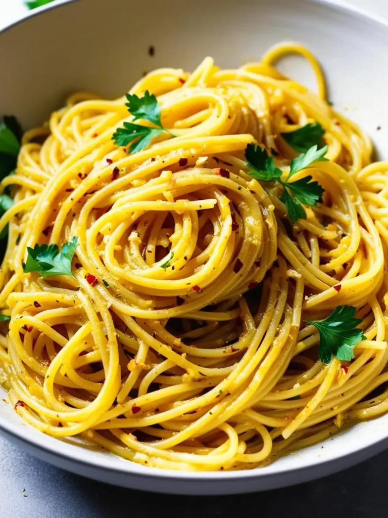 A bowl of spaghetti aglio e olio, a classic Italian dish. The pasta is coated in a fragrant sauce of garlic, olive oil, and red pepper flakes, and garnished with fresh parsley. It looks simple, delicious, and full of flavor.