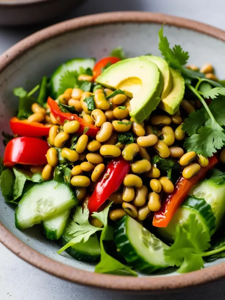 A vibrant and refreshing salad featuring black-eyed peas, avocado, cucumber, red bell pepper, and cilantro. The salad is tossed in a light dressing and looks delicious and healthy.