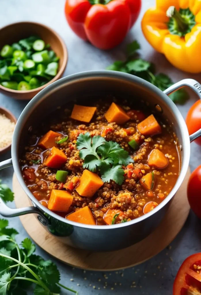 A steaming pot of spicy quinoa and sweet potato chili surrounded by colorful ingredients like tomatoes, bell peppers, and cilantro