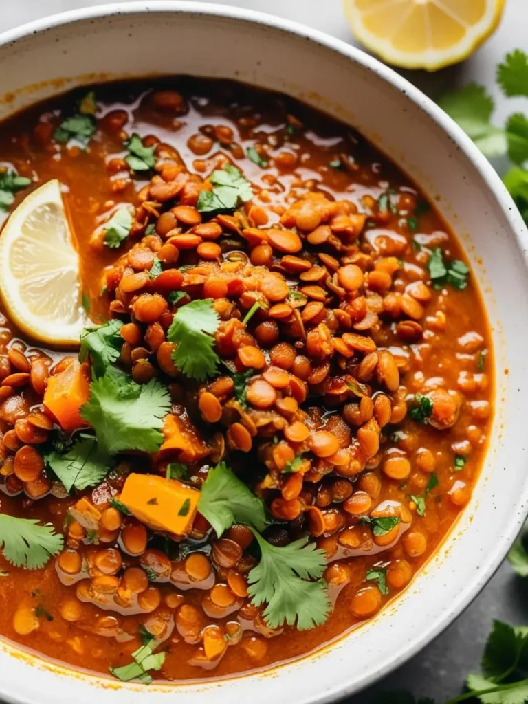 A close-up view of a bowl of lentil soup. The soup is a rich, reddish-orange color and is filled with cooked lentils, carrots, and a wedge of lemon. Fresh cilantro is sprinkled on top.