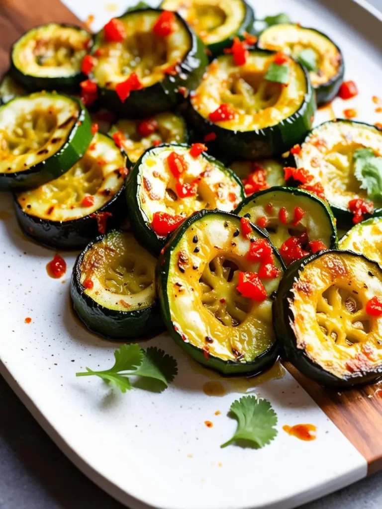 A plate of grilled zucchini slices topped with a spicy chili oil and fresh cilantro. The zucchini is golden brown and looks crispy and delicious.