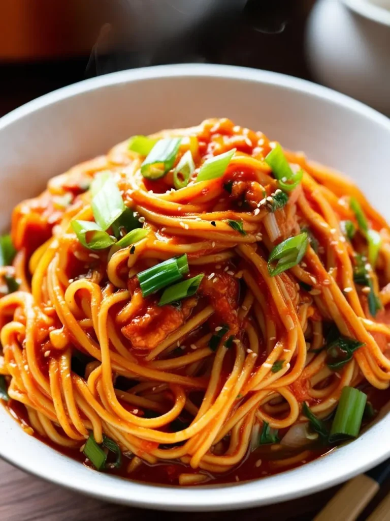 A bowl of spaghetti tossed in a vibrant tomato sauce with chopped green onions and sesame seeds. The pasta looks incredibly appetizing and flavorful.