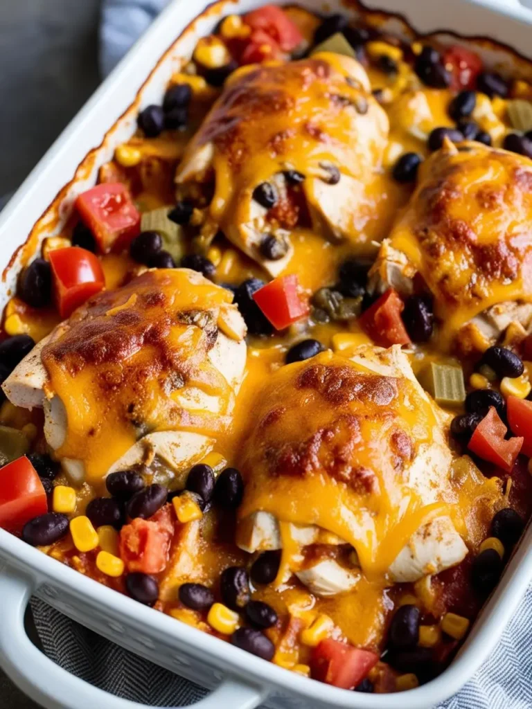 A close-up view of a baking dish filled with a cheesy Southwestern chicken casserole. The casserole features tender chicken thighs baked with black beans, corn, tomatoes, and a layer of melted cheddar cheese.