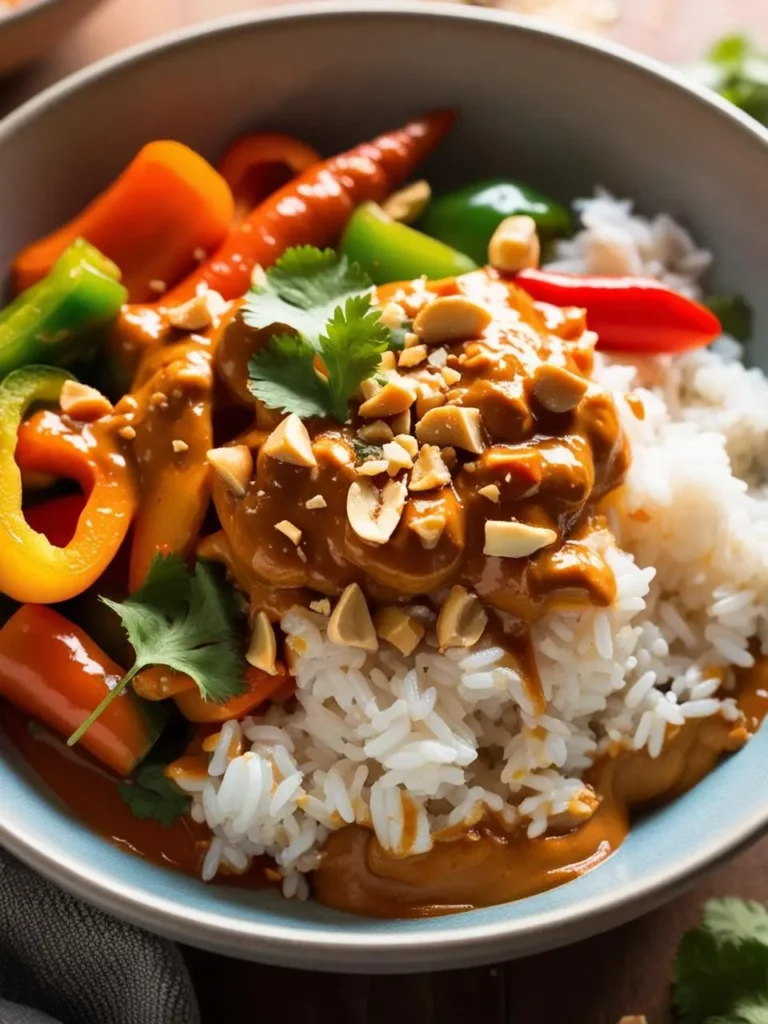 A bowl of Thai red curry with chicken, vegetables, and rice. The curry is topped with chopped peanuts and fresh cilantro, adding a touch of crunch and flavor. The dish looks vibrant and appetizing.