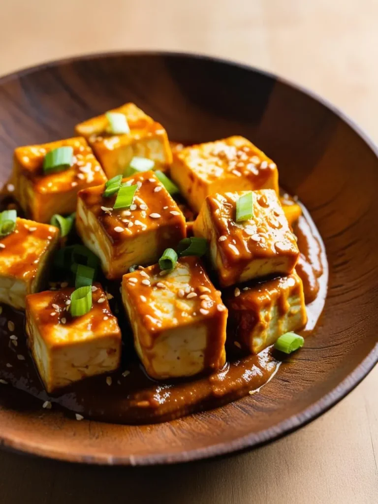 A plate of pan-fried tofu cubes glazed with a rich, savory sauce. The tofu is golden brown and crispy, and the sauce adds a depth of flavor. The dish is garnished with sesame seeds and green onions, making it visually appealing and delicious.