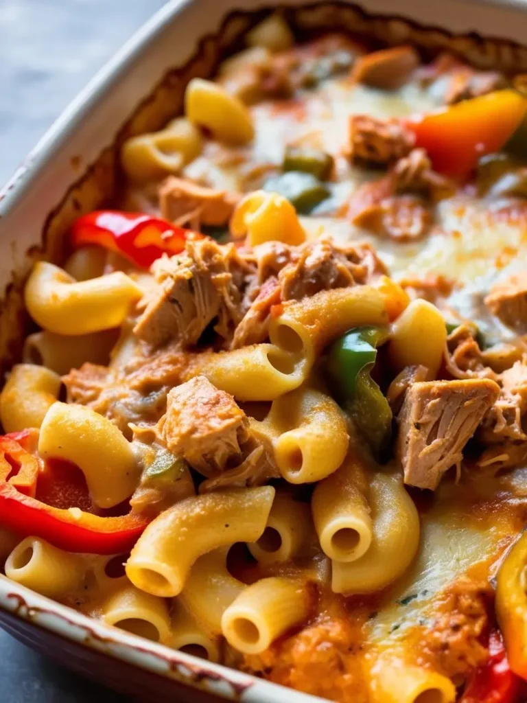 A close-up view of a creamy tuna noodle casserole in a white ceramic baking dish. The casserole is topped with melted cheese, bell peppers, and macaroni noodles, and a scoop has been taken out to reveal the creamy filling.