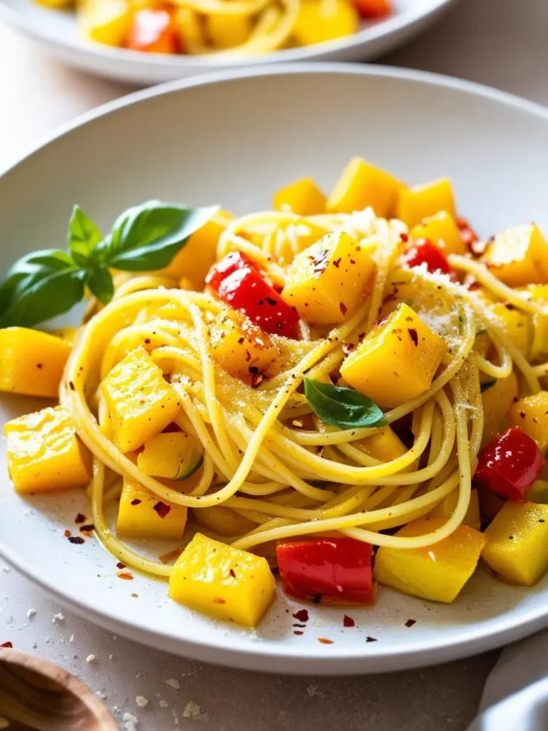 A plate of spaghetti pasta tossed with colorful vegetables, including yellow squash, cherry tomatoes, and red pepper flakes. Fresh basil leaves and grated Parmesan cheese are sprinkled on top.