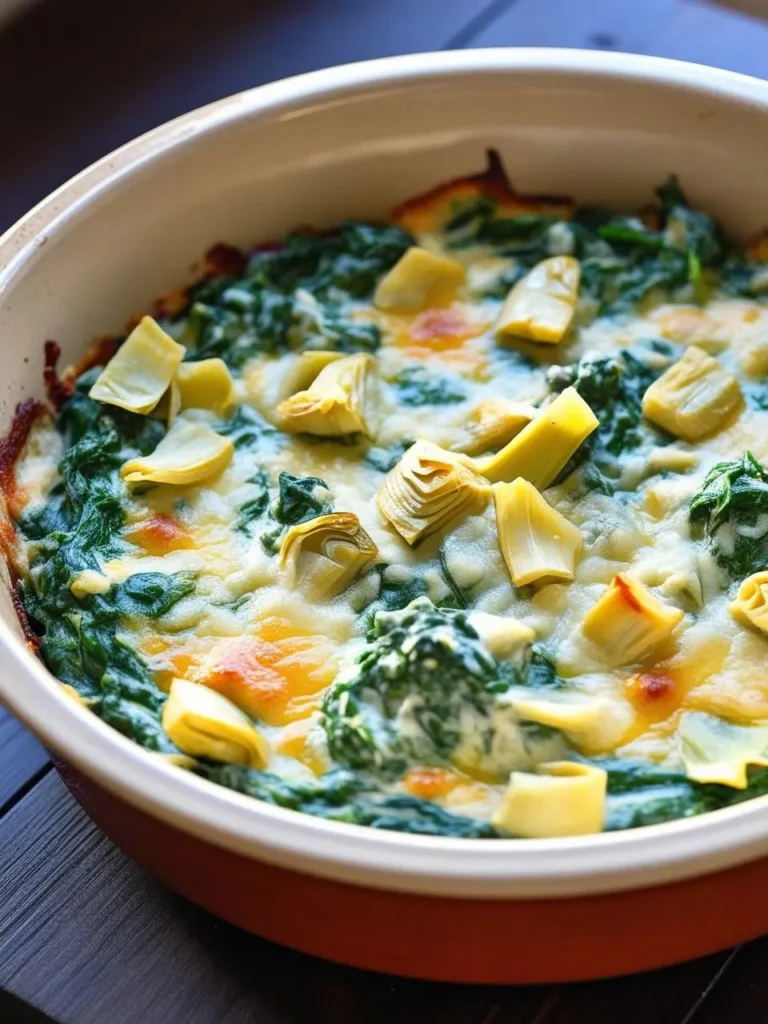 A baking dish filled with a creamy spinach and artichoke dip. The dip is topped with melted cheese and artichoke hearts, making it look incredibly appetizing and perfect for a party or game day snack.