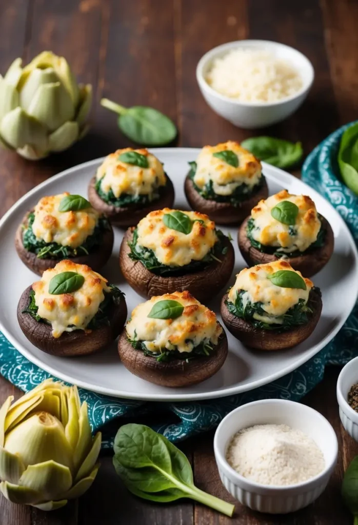 A plate of spinach and artichoke stuffed mushrooms. The mushrooms are topped with melted cheese and garnished with fresh basil leaves. Nearby are bowls of grated Parmesan cheese, fresh spinach, and a whole artichoke. The image evokes a sense of warmth and a delicious appetizer.