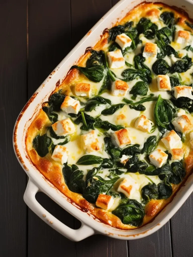 A golden-brown crustless quiche filled with spinach and feta cheese. The quiche is baked until bubbly, with the cheese melted and the spinach wilted. It looks delicious and perfect for a healthy brunch.