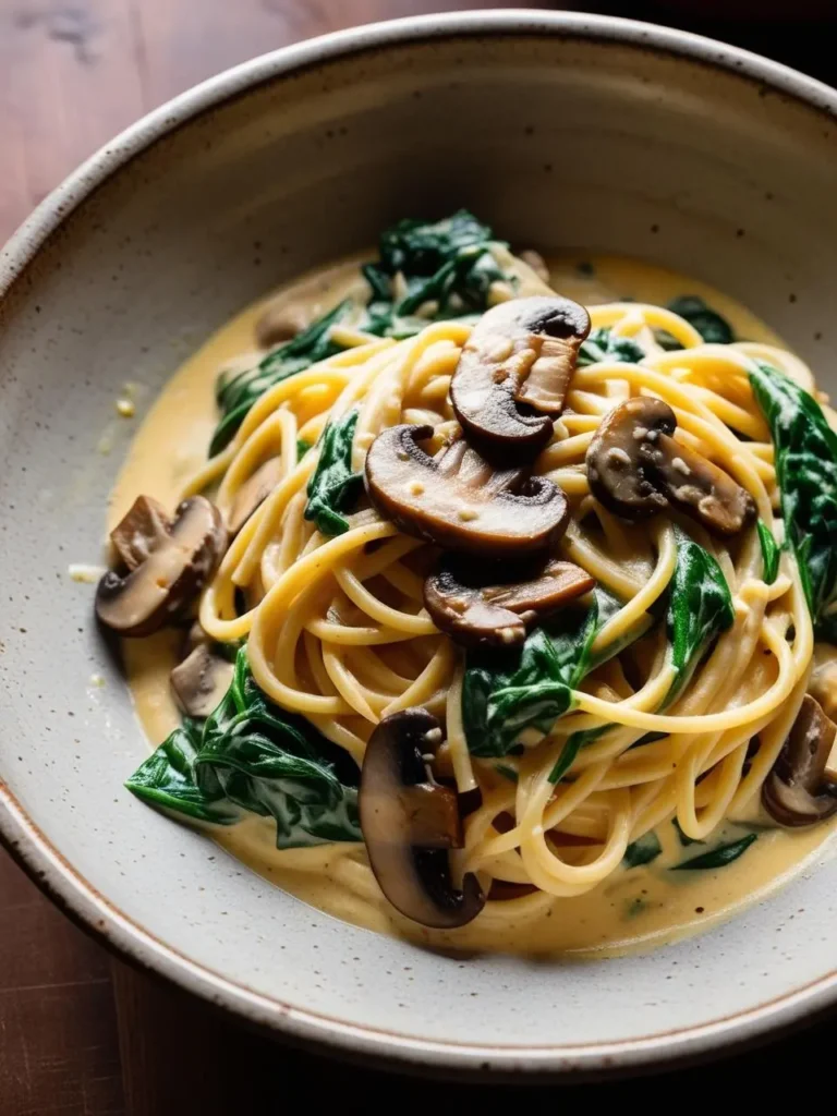 A bowl of creamy mushroom and spinach pasta. The pasta is coated in a rich, creamy sauce and topped with sautéed mushrooms and fresh spinach. The dish looks decadent and satisfying.