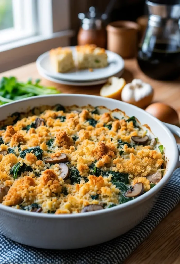 A close-up view of a spinach and mushroom casserole in a white ceramic baking dish. The casserole is topped with a golden brown breadcrumb topping and is surrounded by fresh ingredients like parsley and garlic.