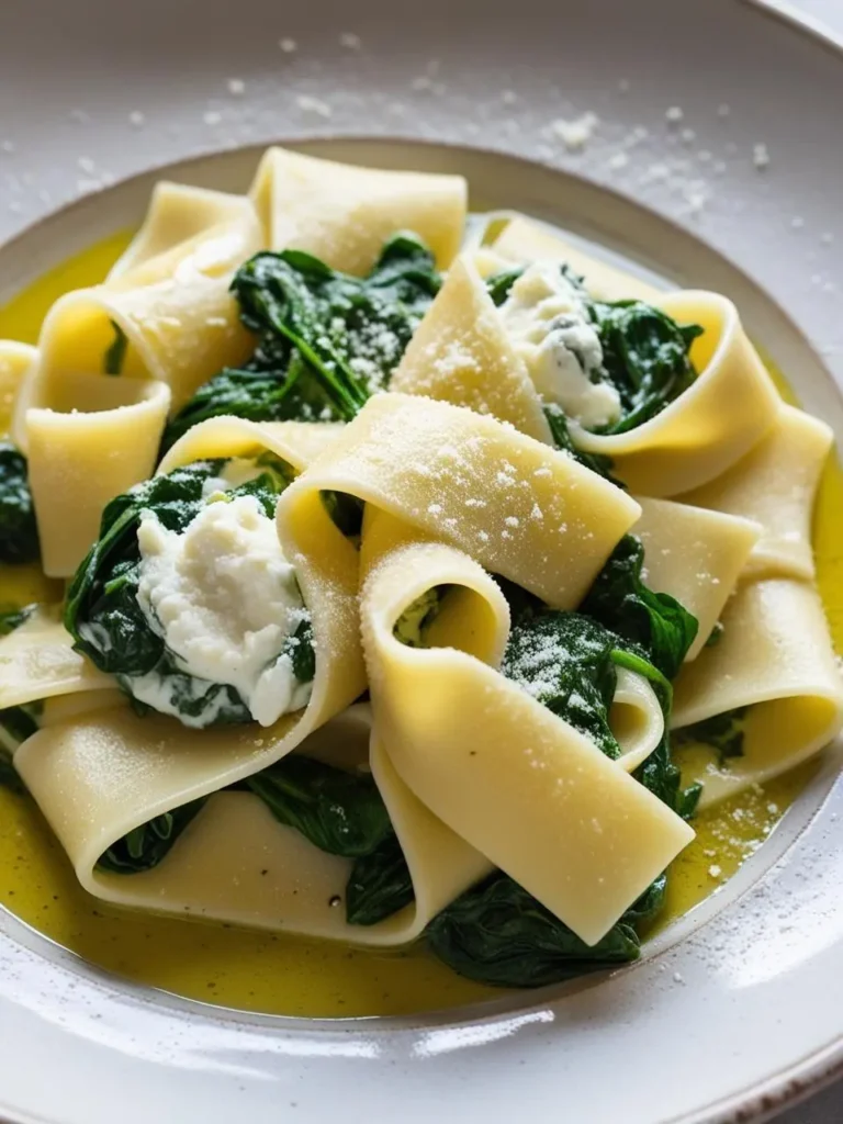 A plate of pappardelle pasta tossed with wilted spinach and dollops of creamy ricotta cheese. The pasta is drizzled with olive oil and sprinkled with Parmesan cheese, creating a simple yet satisfying dish.