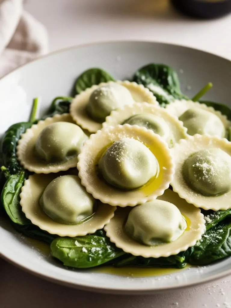 A plate of homemade spinach and ricotta ravioli. The ravioli is arranged on a bed of fresh spinach and drizzled with olive oil. The dish is garnished with grated Parmesan cheese. It looks delicious and inviting.