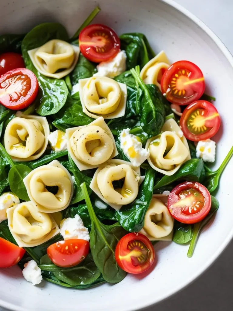 A close-up view of a bowl of tortellini salad. The salad is made with spinach, cherry tomatoes, ricotta cheese, and tortellini pasta.