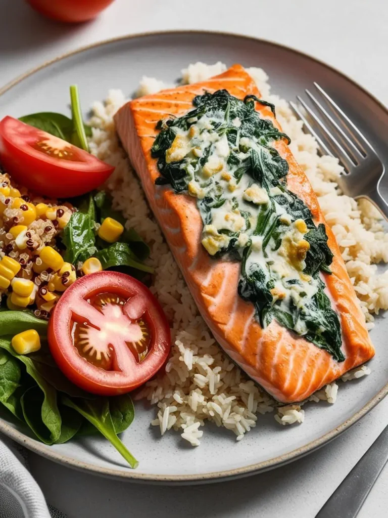 A plate of salmon topped with a creamy spinach and cheese mixture. The salmon is served on a bed of rice and accompanied by a side salad of spinach, tomatoes, corn, and quinoa. The dish looks delicious and healthy.