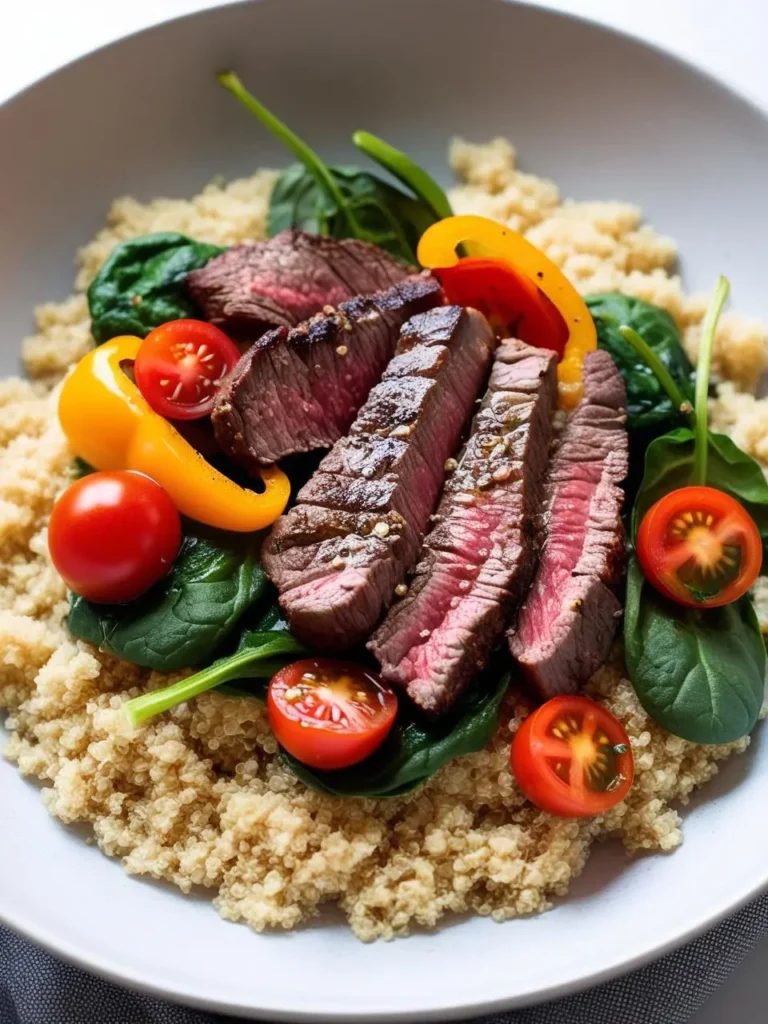 A colorful and nutritious plate of food. It features a bed of quinoa topped with slices of grilled steak, spinach, cherry tomatoes, and yellow bell peppers. The dish looks both delicious and healthy.