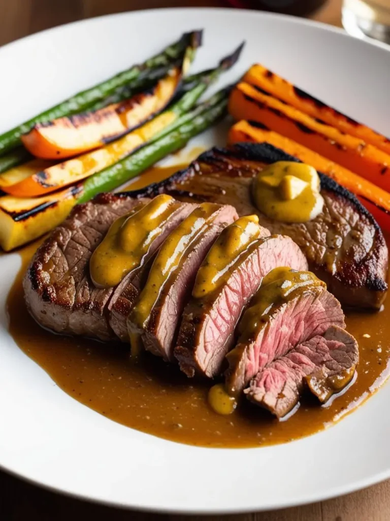 A perfectly cooked steak, sliced and served with a side of roasted vegetables. The steak is topped with a creamy mustard sauce, adding a touch of flavor and richness.