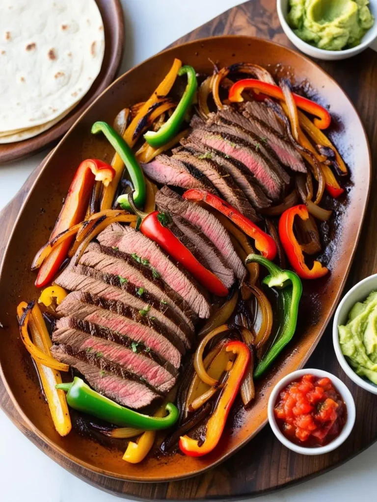 A large platter filled with sizzling fajitas. Grilled steak, onions, and peppers are arranged alongside bowls of guacamole, pico de gallo, and warm tortillas.