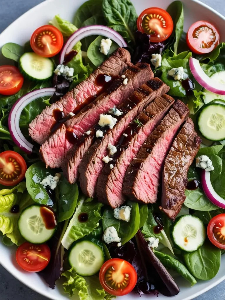 A plate of steak salad with grilled steak, fresh greens, tomatoes, cucumbers, red onions, and blue cheese. The steak is drizzled with a balsamic glaze.