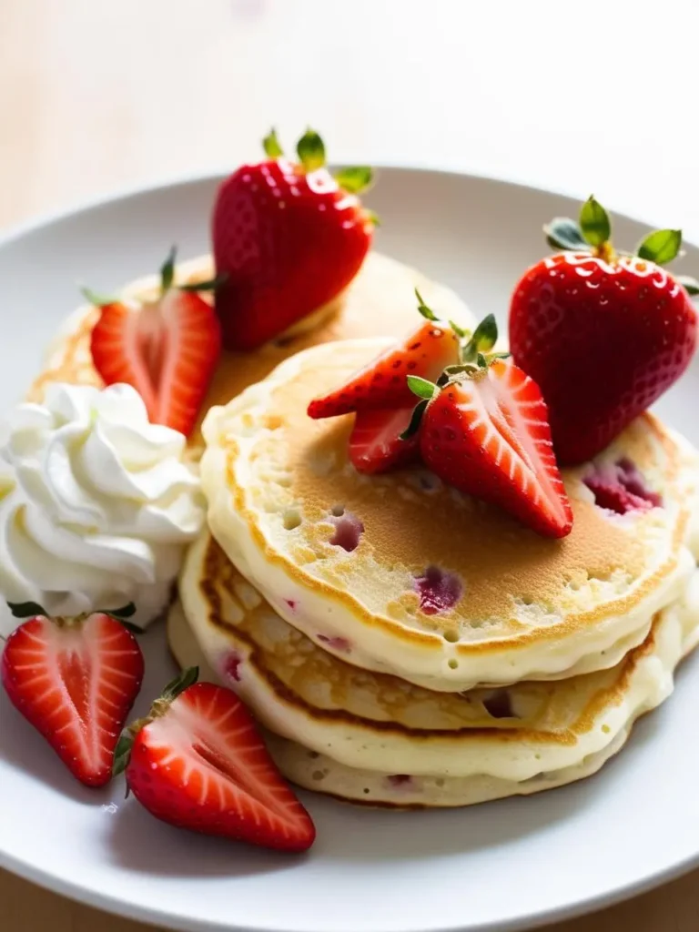 A stack of golden brown pancakes topped with fresh strawberries and a dollop of whipped cream. The pancakes look fluffy and delicious, perfect for a sweet breakfast or brunch.