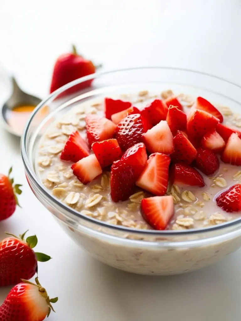 A bowl of creamy oatmeal topped with a generous serving of fresh strawberries. It looks like a healthy and delicious breakfast option.