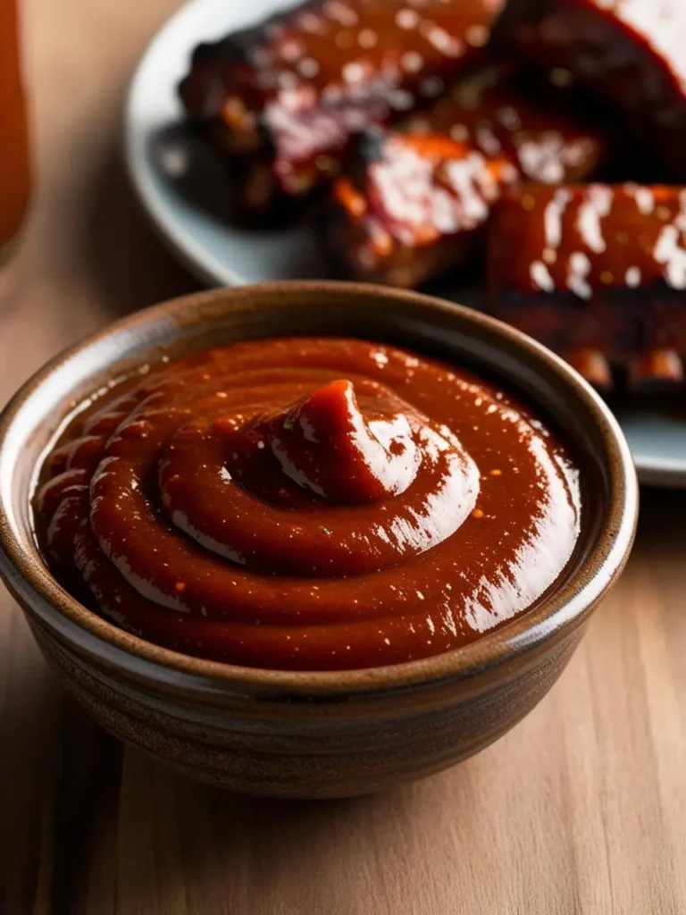 A bowl of homemade barbecue sauce. The sauce is a rich, deep red color and has a thick, glossy texture. It's ready to be used to marinate or baste your favorite grilled meats.