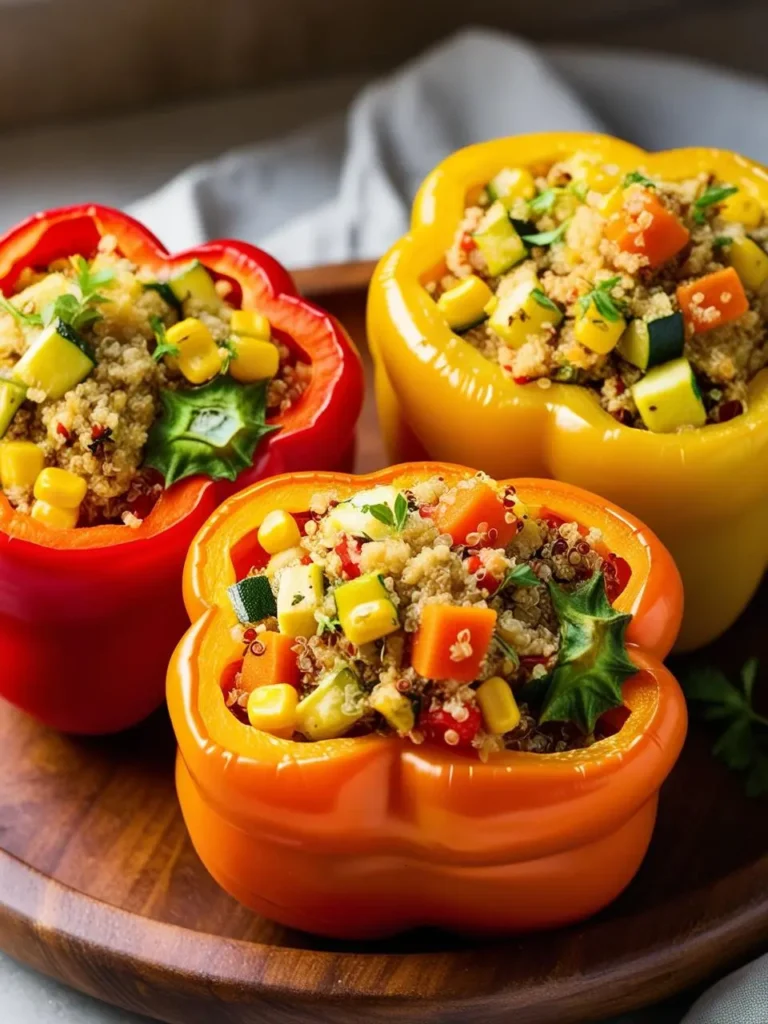 Three colorful bell peppers stuffed with a vibrant mixture of quinoa, vegetables, and herbs. The peppers look appetizing and ready to be enjoyed.