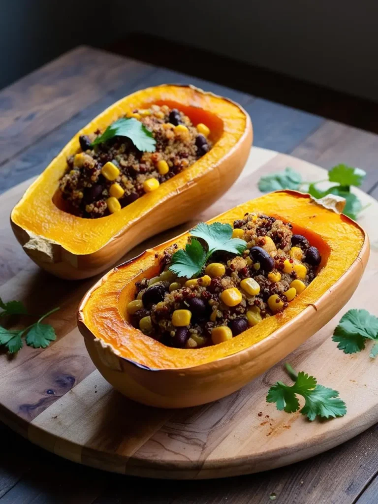 Two halved butternut squash filled with a colorful mixture of quinoa, black beans, corn, and cilantro. The dish looks hearty, healthy, and full of flavor.