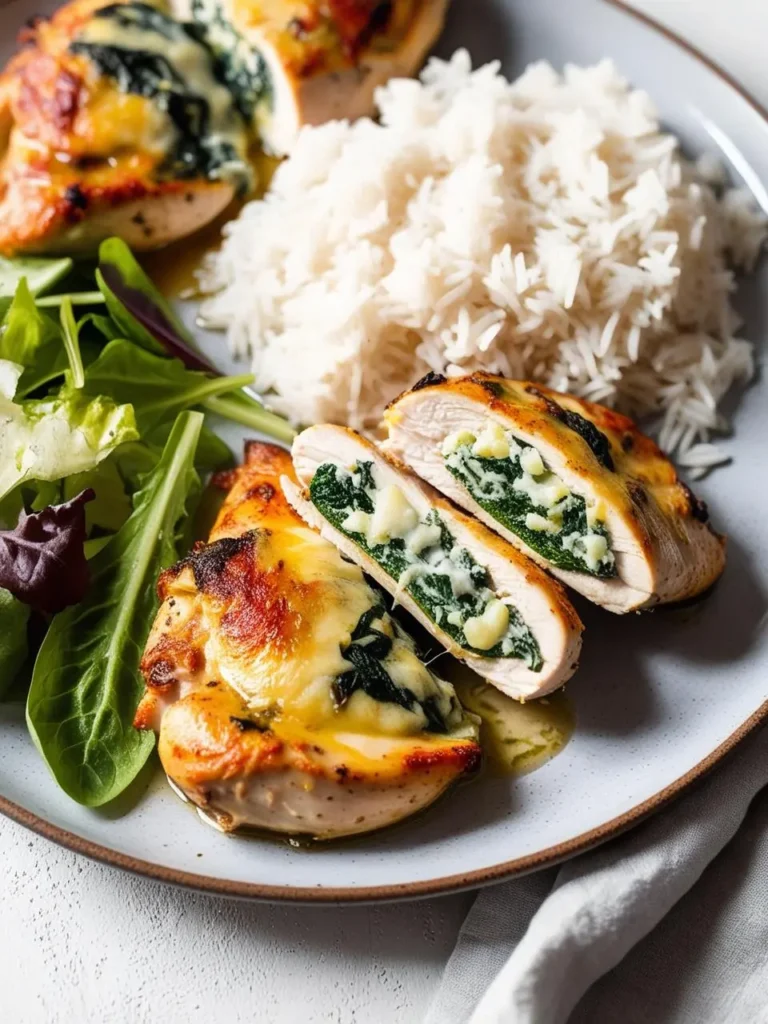 A plate of stuffed chicken breasts. The chicken is filled with a creamy spinach and cheese mixture, then baked to golden perfection. The dish is served with a side of fluffy white rice and a fresh green salad. It looks delicious and hearty.