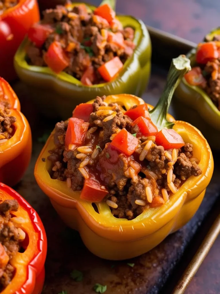 A close-up of colorful stuffed peppers. The peppers are filled with a savory mixture of ground beef, rice, and diced tomatoes. The dish looks delicious and inviting.