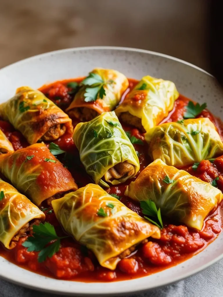 A plate of savory cabbage rolls filled with a flavorful meat mixture and simmered in a rich tomato sauce. The rolls are garnished with fresh parsley and look incredibly appetizing.