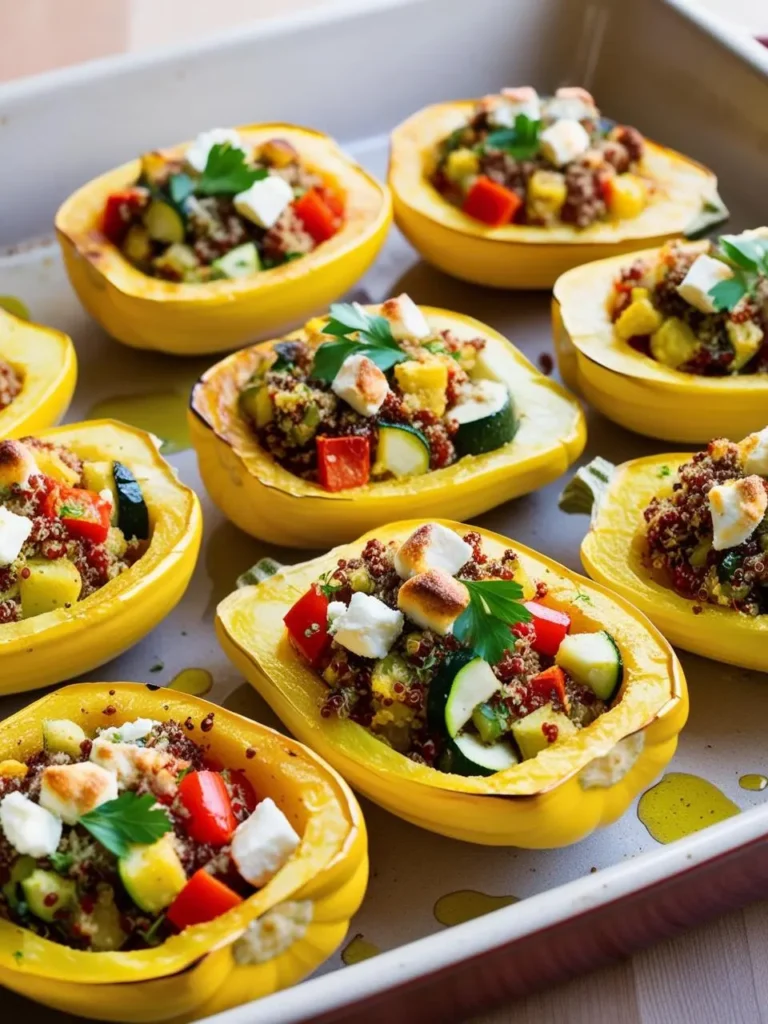 A baking sheet filled with stuffed acorn squash halves. Each squash is filled with a colorful mixture of quinoa, vegetables, and feta cheese, and topped with fresh parsley.