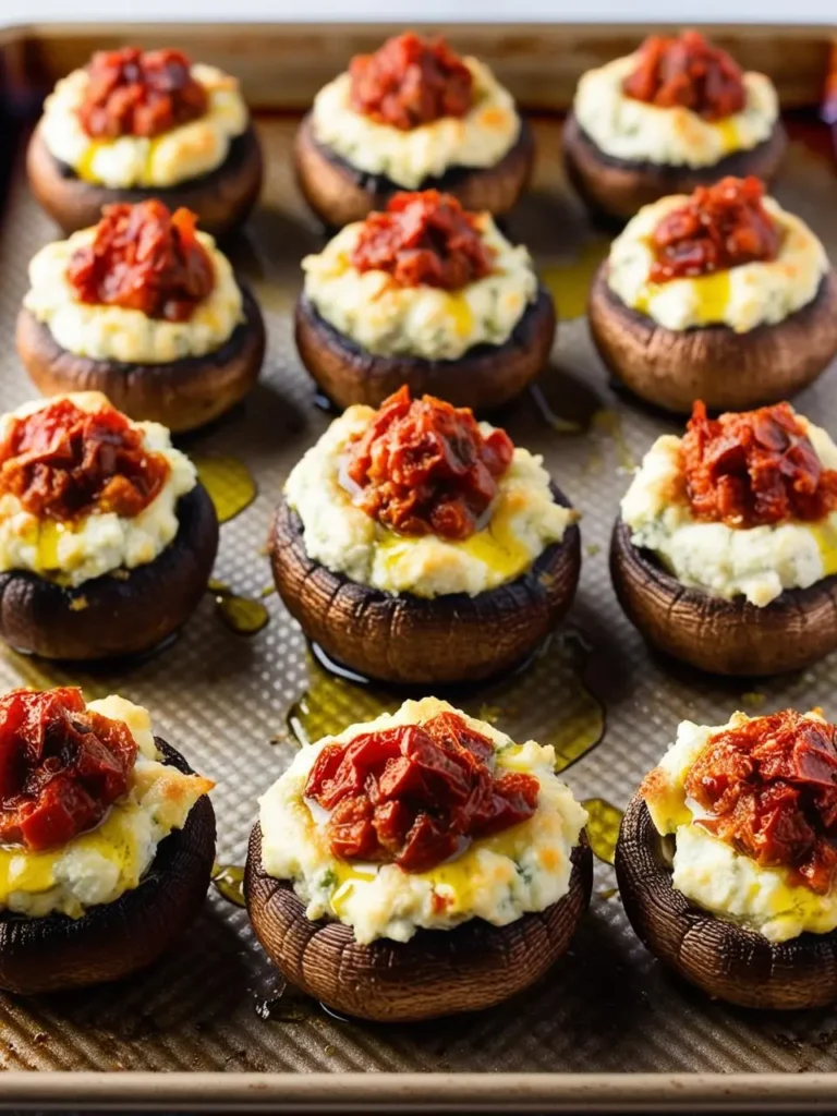 A baking sheet filled with rows of roasted mushrooms. Each mushroom cap is stuffed with a creamy cheese mixture and topped with sun-dried tomatoes. The mushrooms look golden brown and delicious.