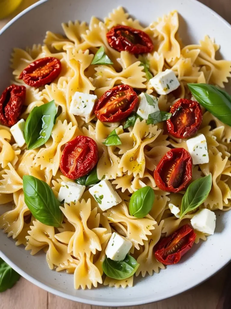 A plate of farfalle pasta tossed with sun-dried tomatoes, feta cheese, and fresh basil. The dish looks vibrant and flavorful.