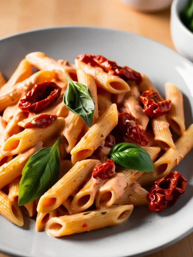 A plate of penne pasta tossed in a creamy tomato sauce with sun-dried tomatoes and fresh basil. The pasta looks incredibly appetizing and flavorful.