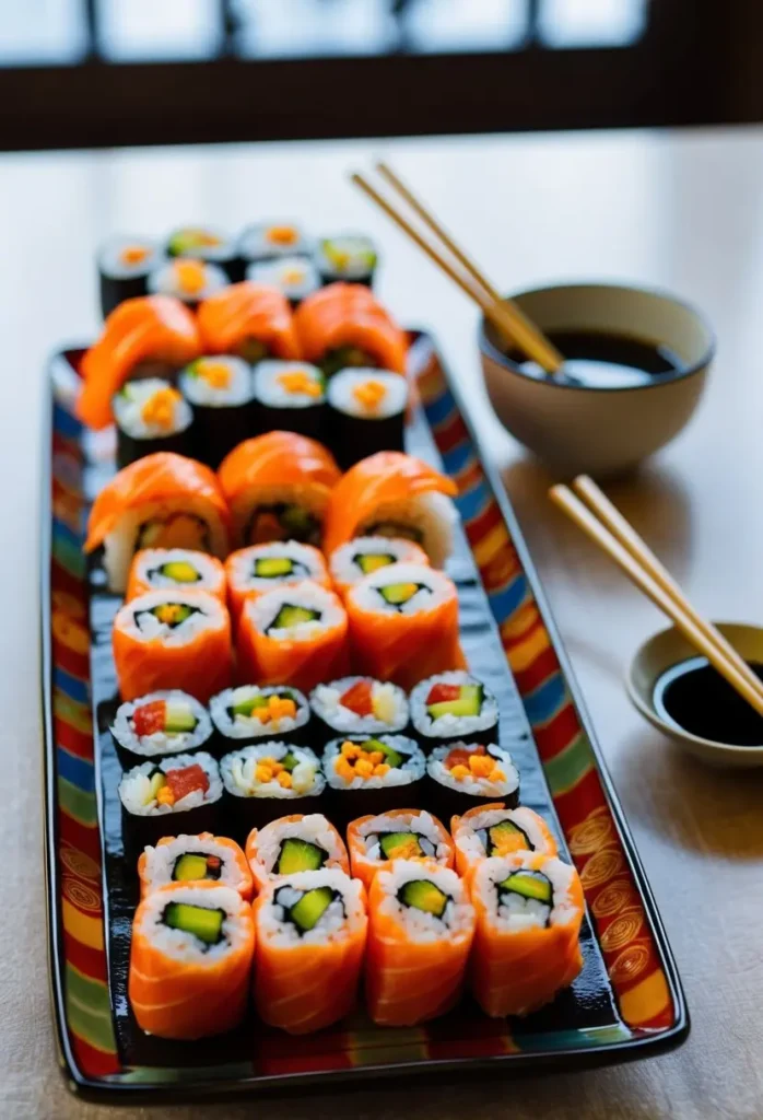 A colorful array of sushi rolls arranged on a traditional Japanese serving dish. Soy sauce and chopsticks are placed neatly beside the rolls