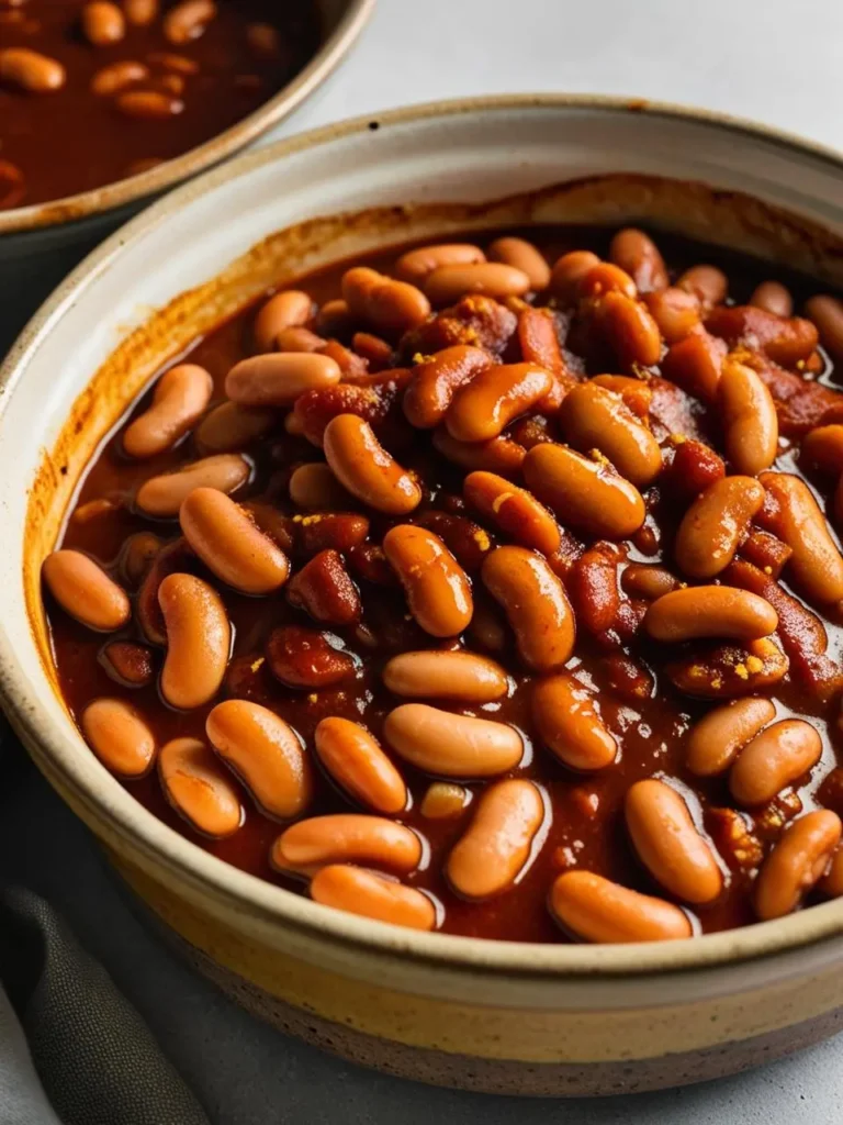 A close-up of a bowl of baked beans. The beans are cooked in a rich, tomato-based sauce and look tender and flavorful. The dish is garnished with chopped onions, adding a touch of sweetness and savory flavor. The beans are served in a ceramic bowl on a gray surface.