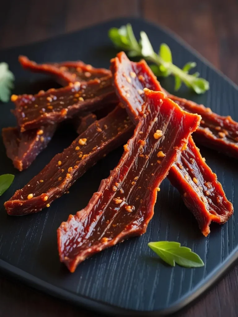 A close-up image of a plate of homemade beef jerky. The jerky is dark brown in color and has a shiny, slightly oily surface. The jerky is arranged neatly on the plate, and there are some fresh herbs scattered around it.