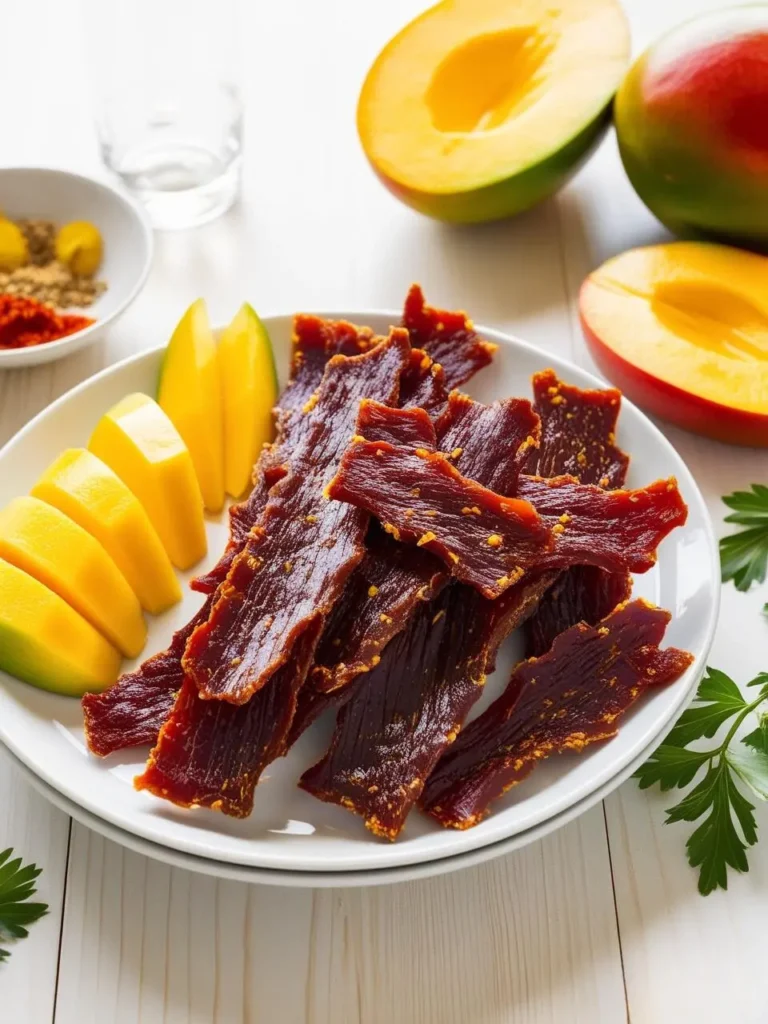 A plate of mango-flavored beef jerky with fresh mango slices on the side. The jerky is a dark brown color and looks slightly spicy. The image is accompanied by the text "9 Best Beef Jerky Recipes: A Complete Guide" and the Eat Proteins logo.