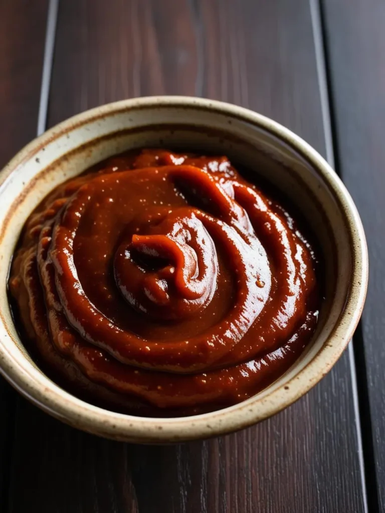 A bowl of homemade barbecue sauce. The sauce is a rich, deep red color and has a thick, glossy texture. It's ready to be used to marinate or baste your favorite grilled meats.