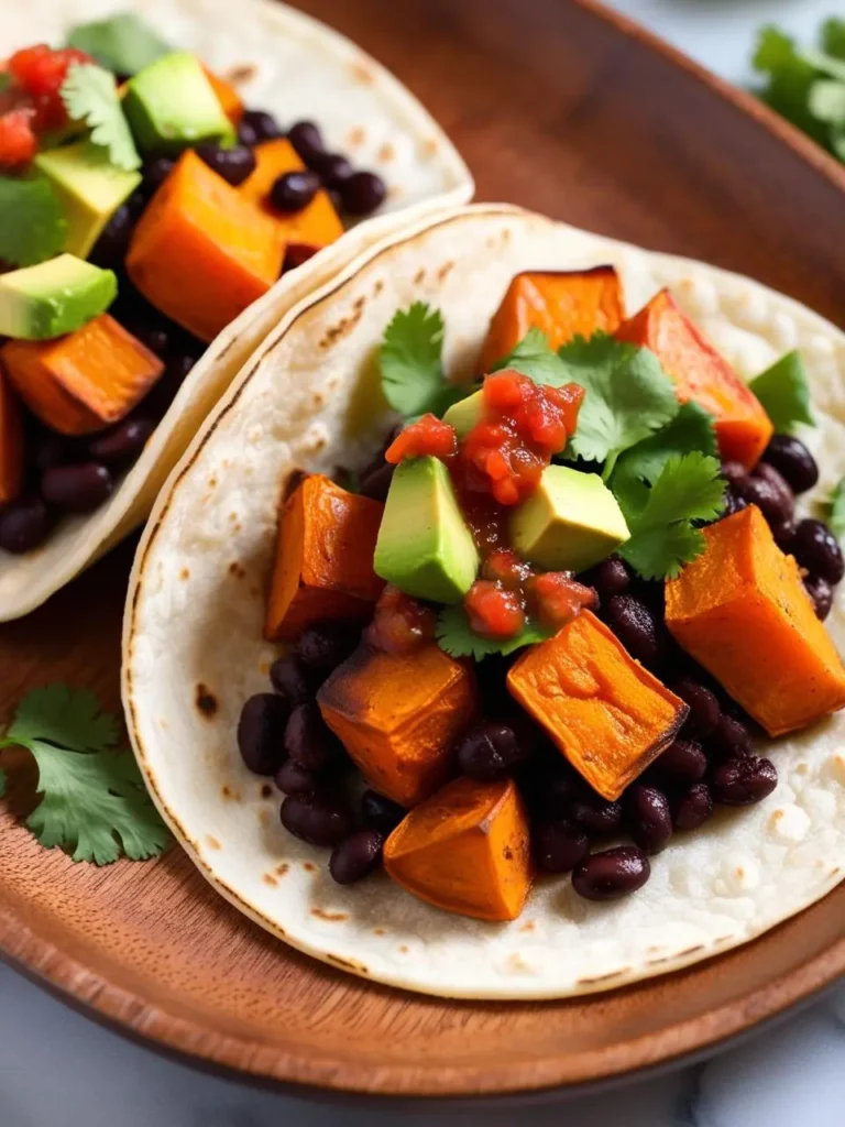 Two soft tortillas filled with a vibrant mix of roasted sweet potatoes, black beans, avocado, and salsa. Fresh cilantro adds a pop of color and flavor. The tacos look delicious and ready to be enjoyed.