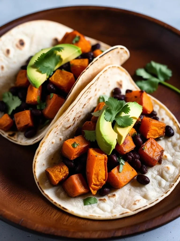 Two soft tortillas filled with a colorful mix of roasted sweet potatoes, black beans, and topped with avocado slices and fresh cilantro. The tacos look delicious and ready to be enjoyed.