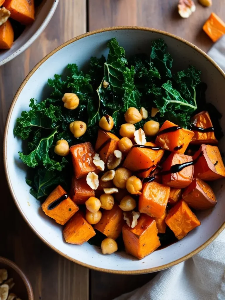 A bowl filled with a colorful and nutritious salad. It features roasted sweet potatoes, chickpeas, and kale, drizzled with a balsamic glaze and topped with chopped hazelnuts. The salad looks vibrant and appetizing.