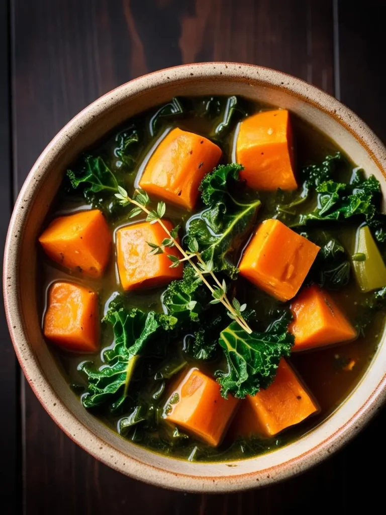 A bowl of hearty and healthy soup with chunks of sweet potato and kale. The soup looks vibrant and flavorful, perfect for a cold winter day.